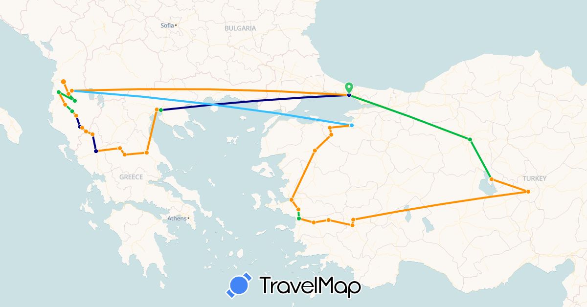 TravelMap itinerary: driving, bus, boat, hitchhiking in Albania, Greece, Turkey (Asia, Europe)