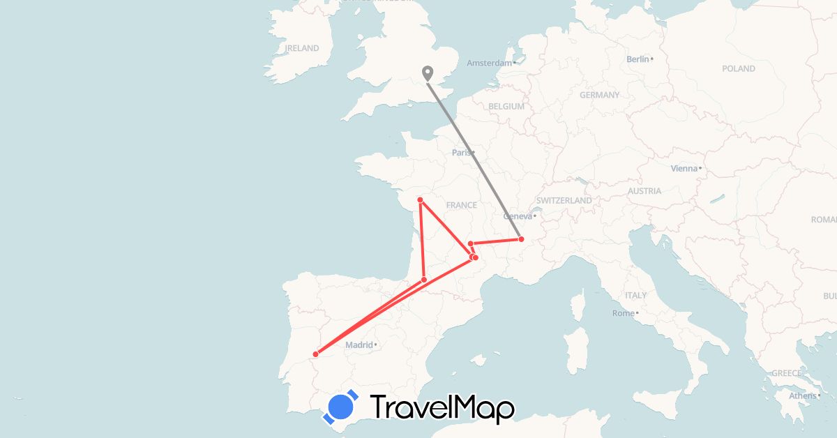 TravelMap itinerary: plane, hiking, hitchhiking in France, United Kingdom, Portugal (Europe)