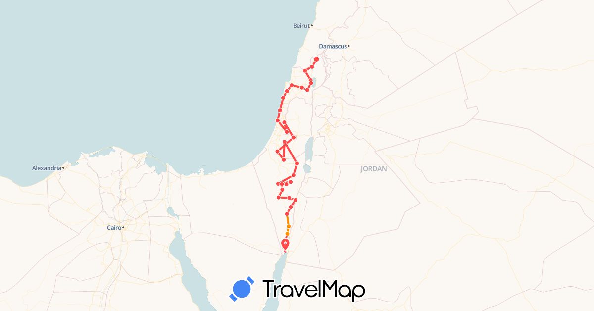 TravelMap itinerary: hiking, hitchhiking in Israel (Asia)